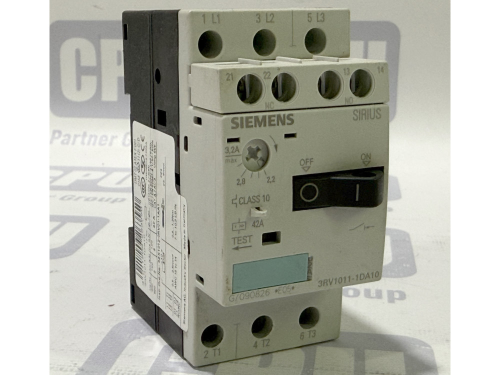 Автоматичний вимикач Siemens SIRIUS 3RV1011-1DA10, 2.2-3.2A, захист двигуна з додатковим контактом 1NO+1NC 3RV1011-1DA10 | Siemens - Зображення 1